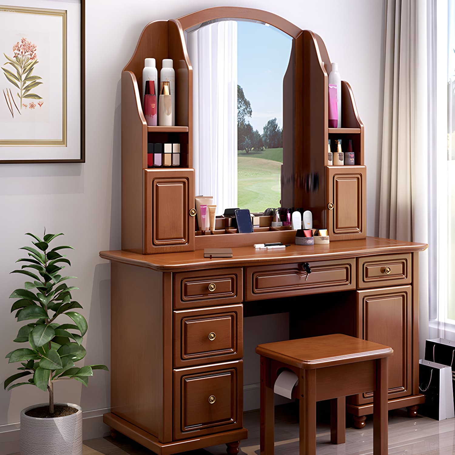 Traditional Solid Wood Makeup Dressing Table 60.23" H Vanity Set with Stool and Mirror - image 8