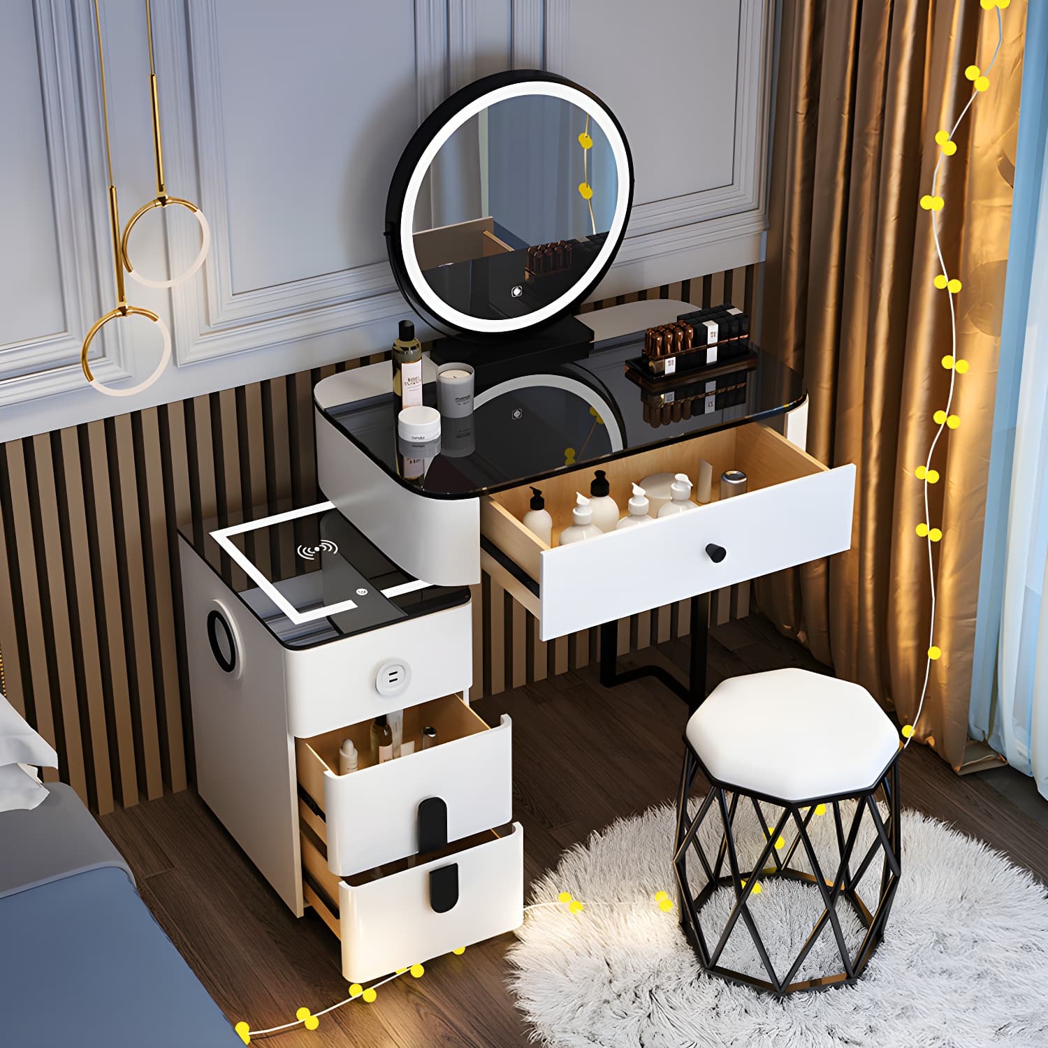 Lighted Mirror Glass Top Makeup Vanity Dressing Table Stool Set with Drawers - image 4
