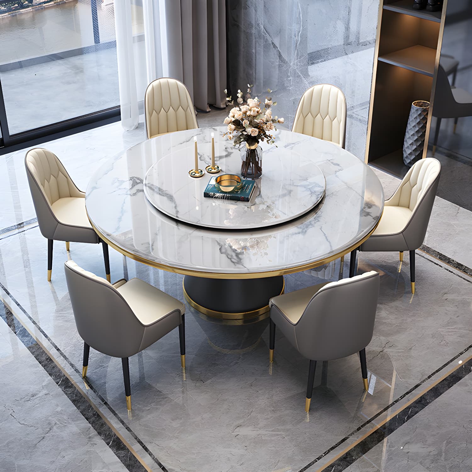 Glam Round Stone Dining Set in White - Fixed Table with Black Metal Pedestal Base - image 5