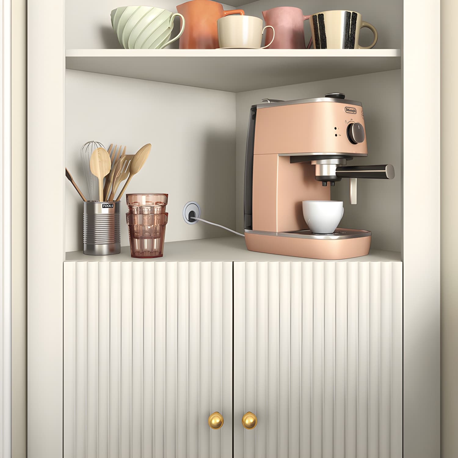 Modern Corner Accent Cabinet with White Wood Countertop, Glass Doors, and Gold Metal Base - image 7