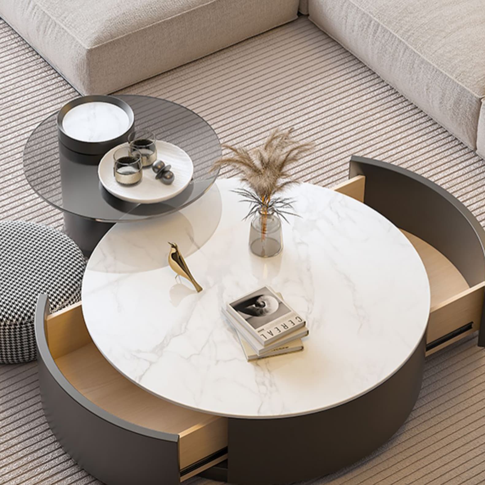 Stone Top Coffee Cocktail Table with Drawer Drum Contemporary Round - image 9
