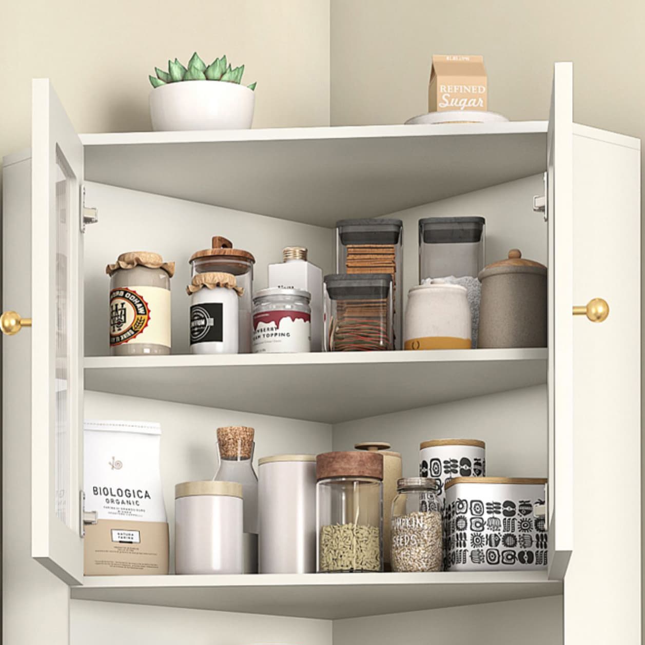 Modern Corner Accent Cabinet with White Wood Countertop, Glass Doors, and Gold Metal Base - image 6