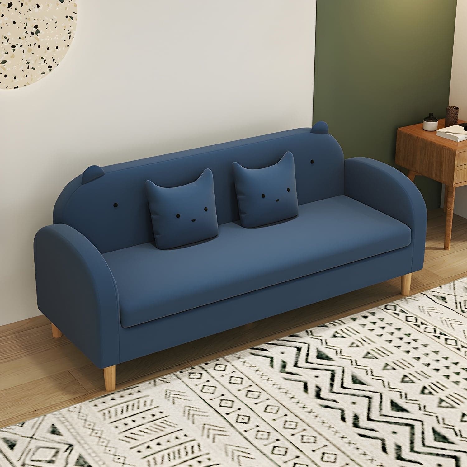 Art Deco Natural Wood Finish Framed Sofa Couch with Recessed Arm, Slipcover and 2 Pillows - image 5