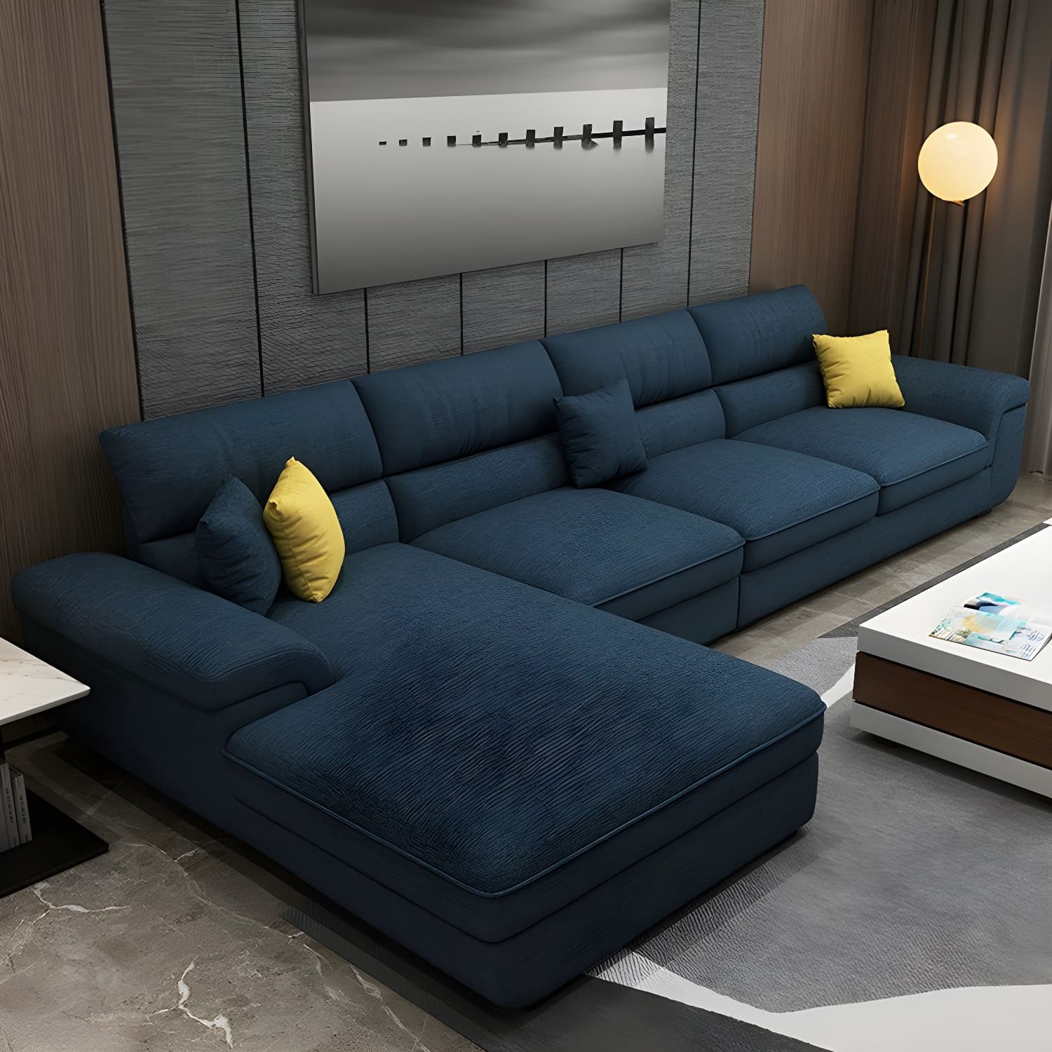 Modern L-Shape Pillow Top Arm Wooden Frame Sectional Sofa Chaise with Large 10 Feet Size