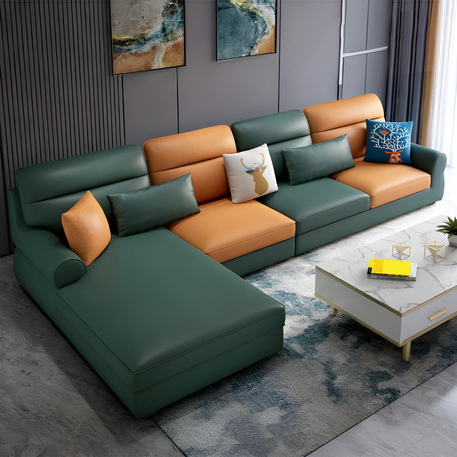 Large Modern L-Shape Stationary Wood Sectional Sofa with Round Arm and Cushion Back - image 10