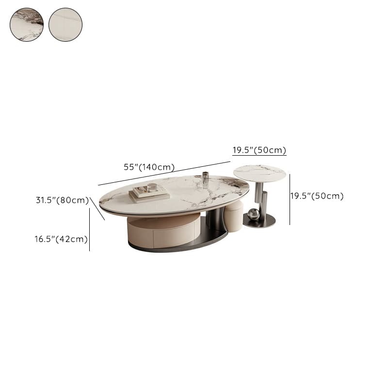 Luxurious Oval Stone Cocktail Table in White with Storage Drawer - image 23