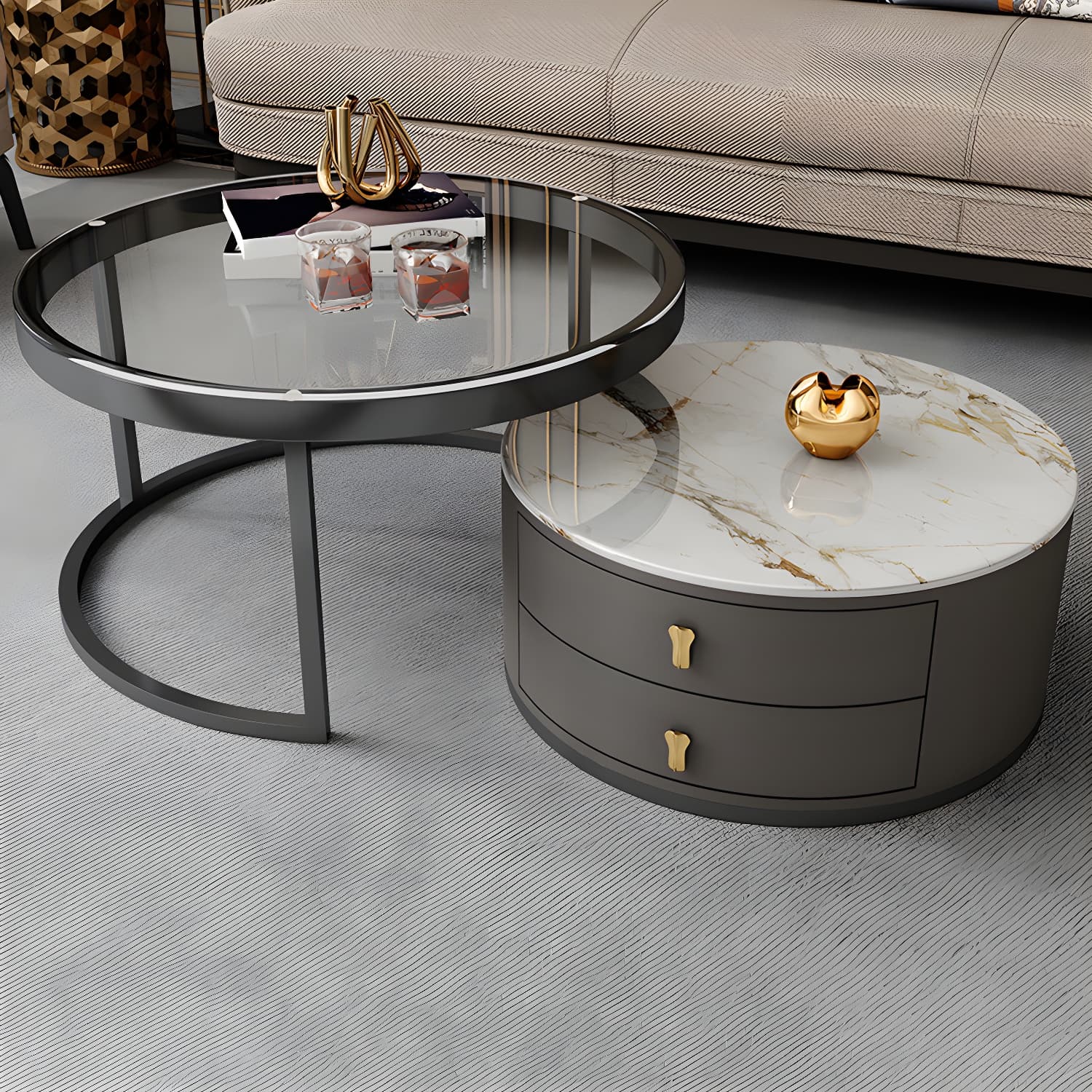 Modern Coffee Cocktail Table Round Nesting Coffee Table Set with Drawer - image 7