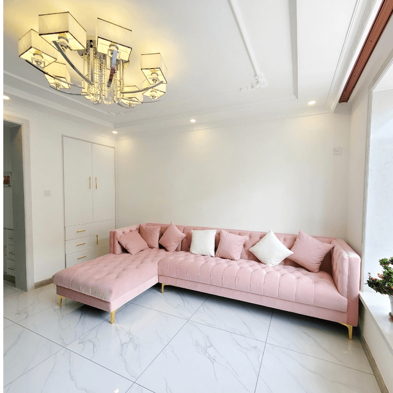 Button-tufted Straight/L-Shape Horizontal/Left Hand Facing Sofa Chaise/Sofa Couch in Rose with Tufted Back