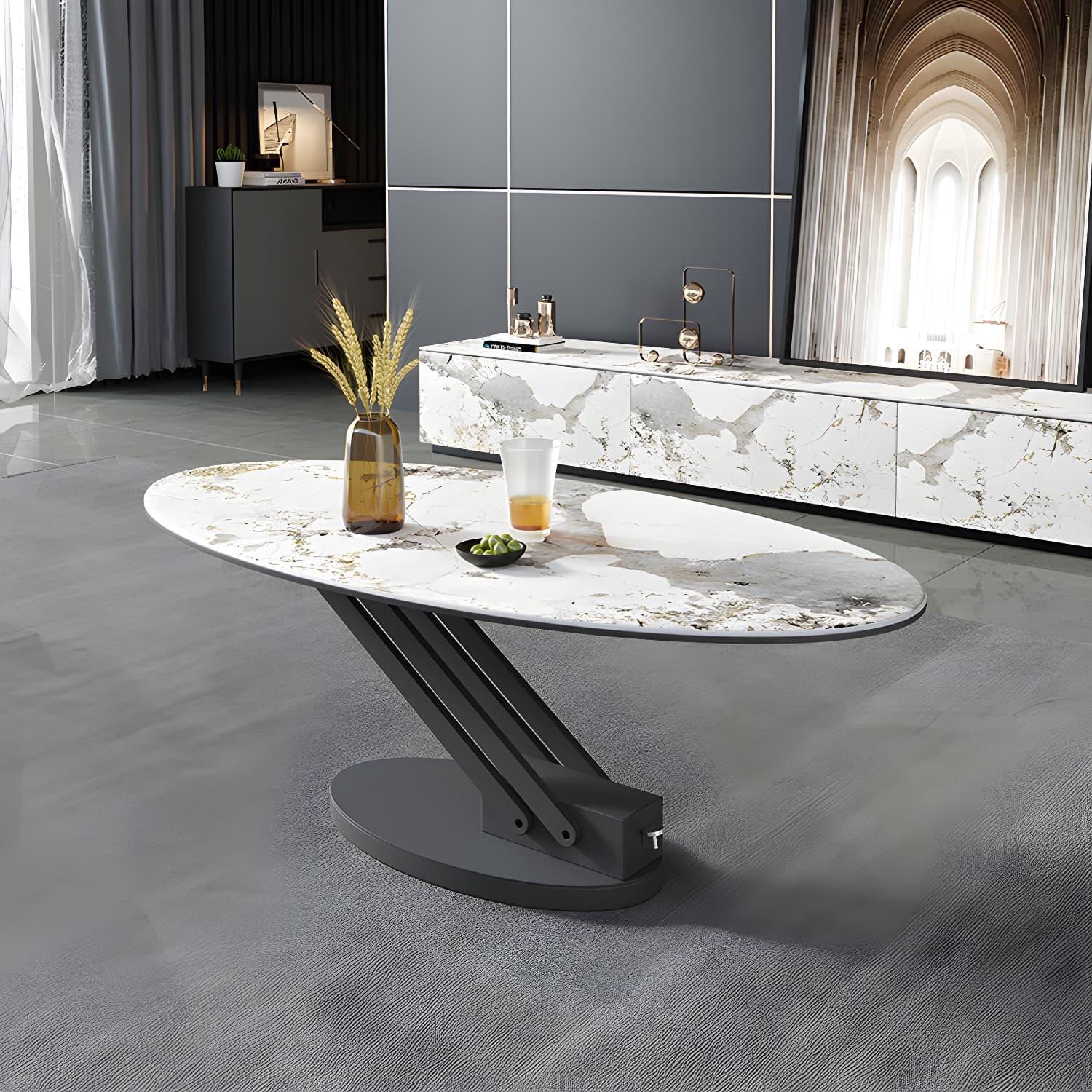 Round Slate Coffee Table with Lift Top Pedestal Base 1 Single Cocktail Table - image 9