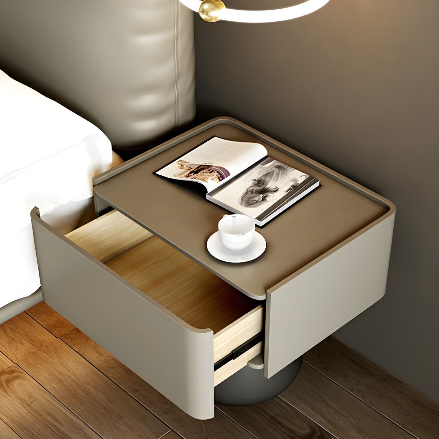 Modern Light Wood Drawer Nightstand with Faux Leather Countertop - image 13