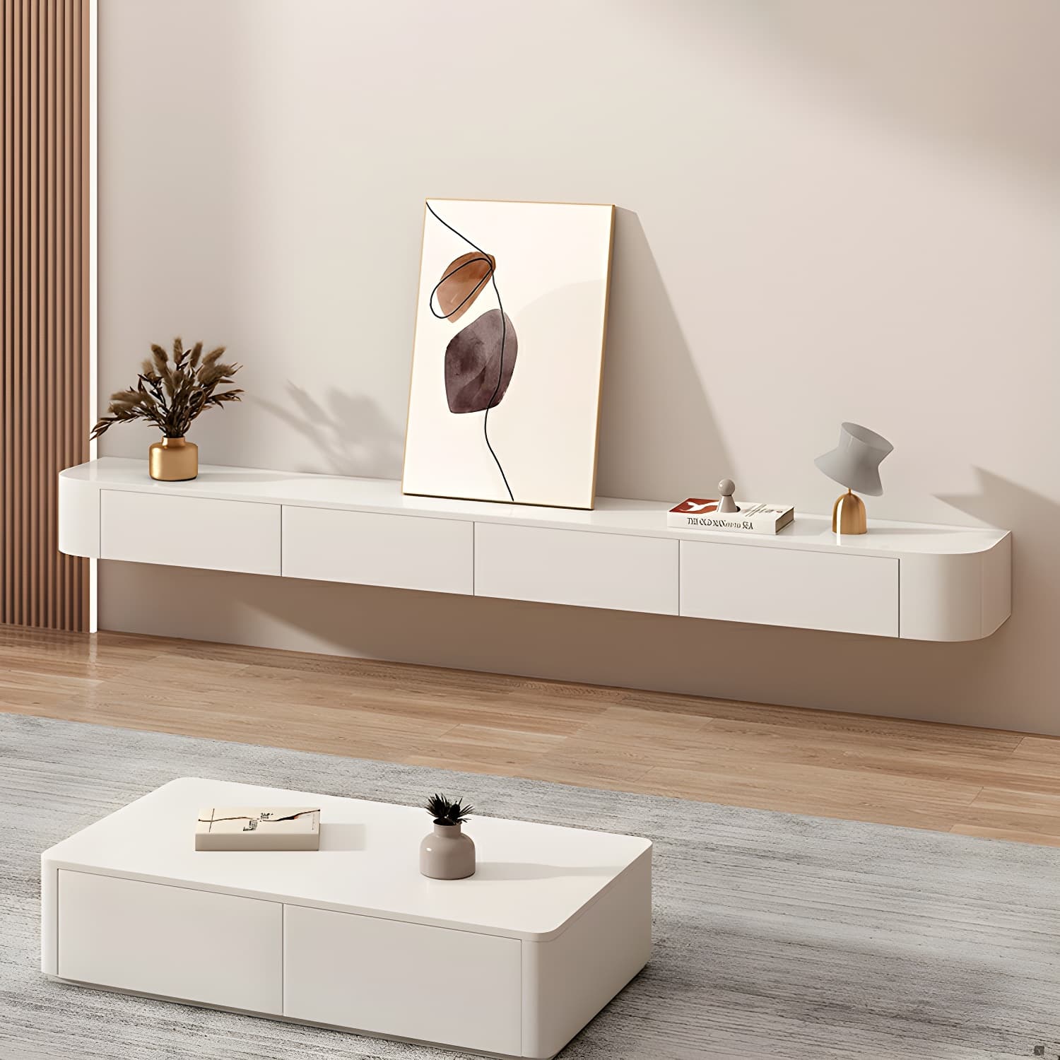 Elegant Rubberwood TV Stand with Floating Mount, Cable Management, and Soft Close Drawers - image 6