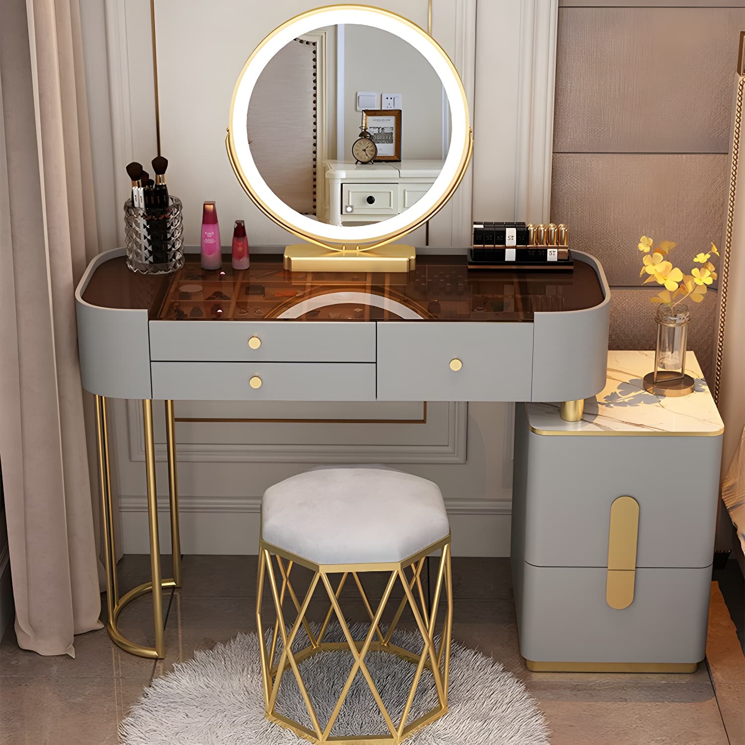 Contemporary Glass Top Vanity Dressing Table With 4/5 Drawers - image 5
