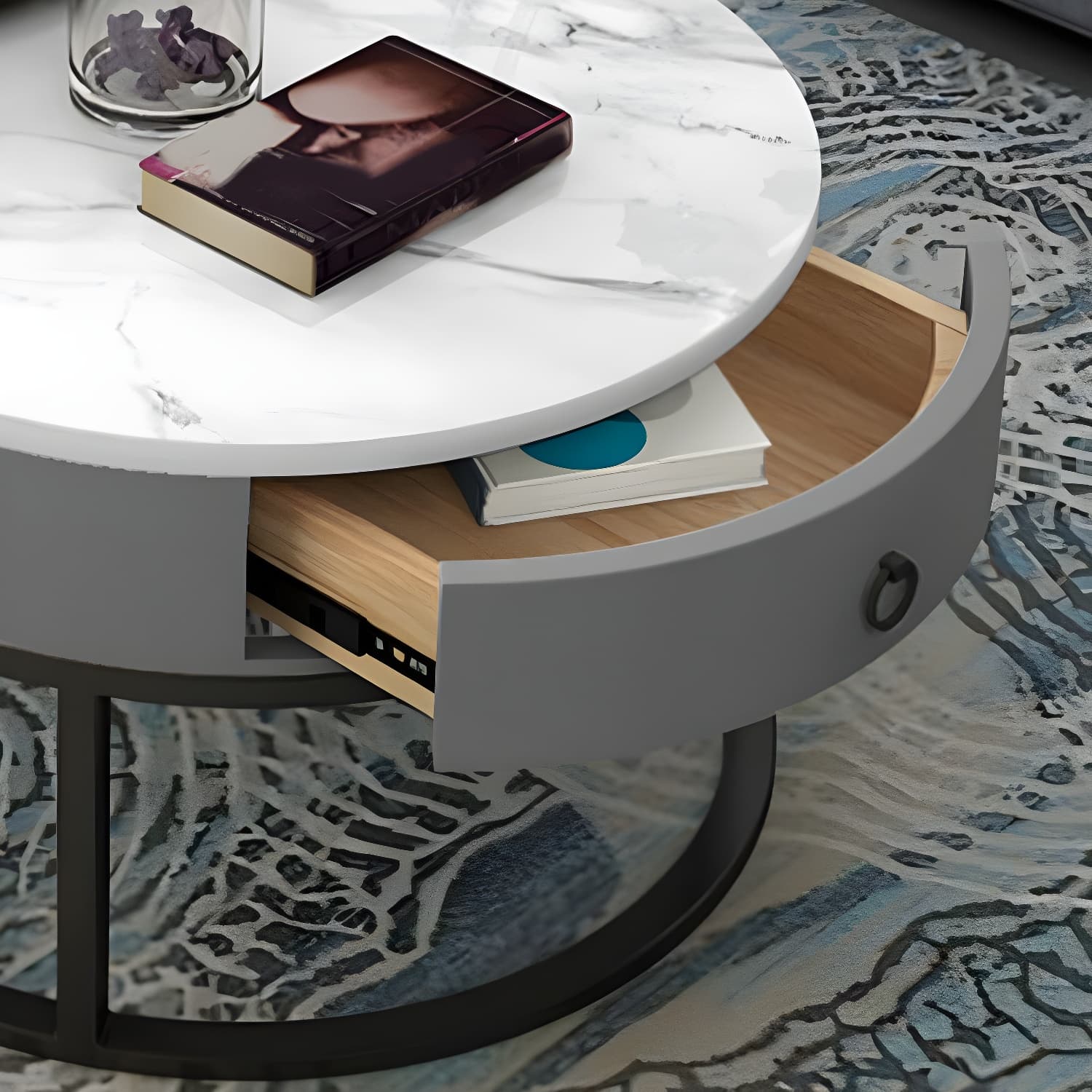 Slate Round Frame Coffee Table Modern Nesting Coffee Table Set with Drawer - image 13