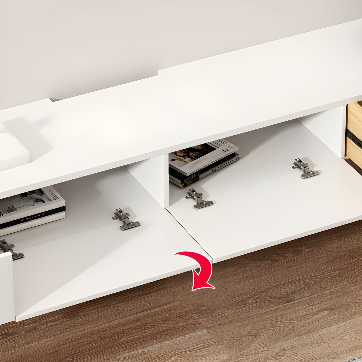 Elegant Rubberwood TV Stand with Floating Mount, Cable Management, and Soft Close Drawers - image 8