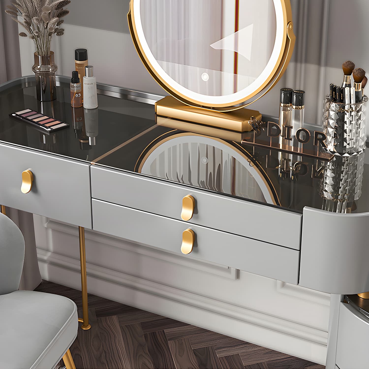 Storage Drawers Dresser Glass/Stone Top Dressing Table with Mirror & Stool - image 9