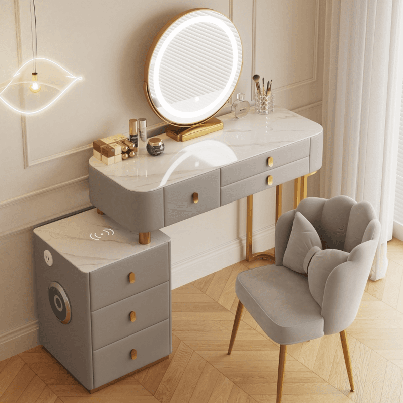 White/Gray/Beige Standard Alloy Vanity Set with LED Mirror, Chair & 6 Drawers