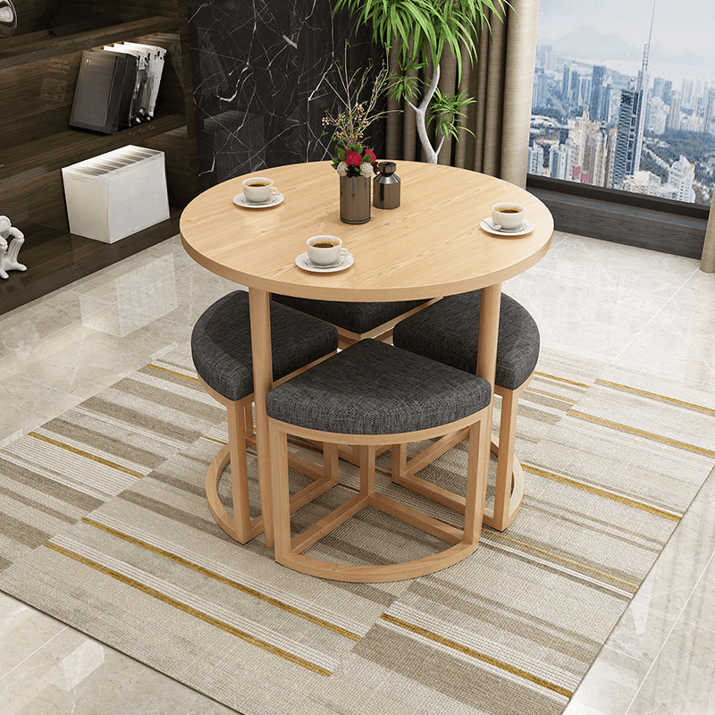 Reclaimed Wood Round Dining Table Set with Metal Toboggan Base and Upholstered Backless Chairs for 4 People - image 33