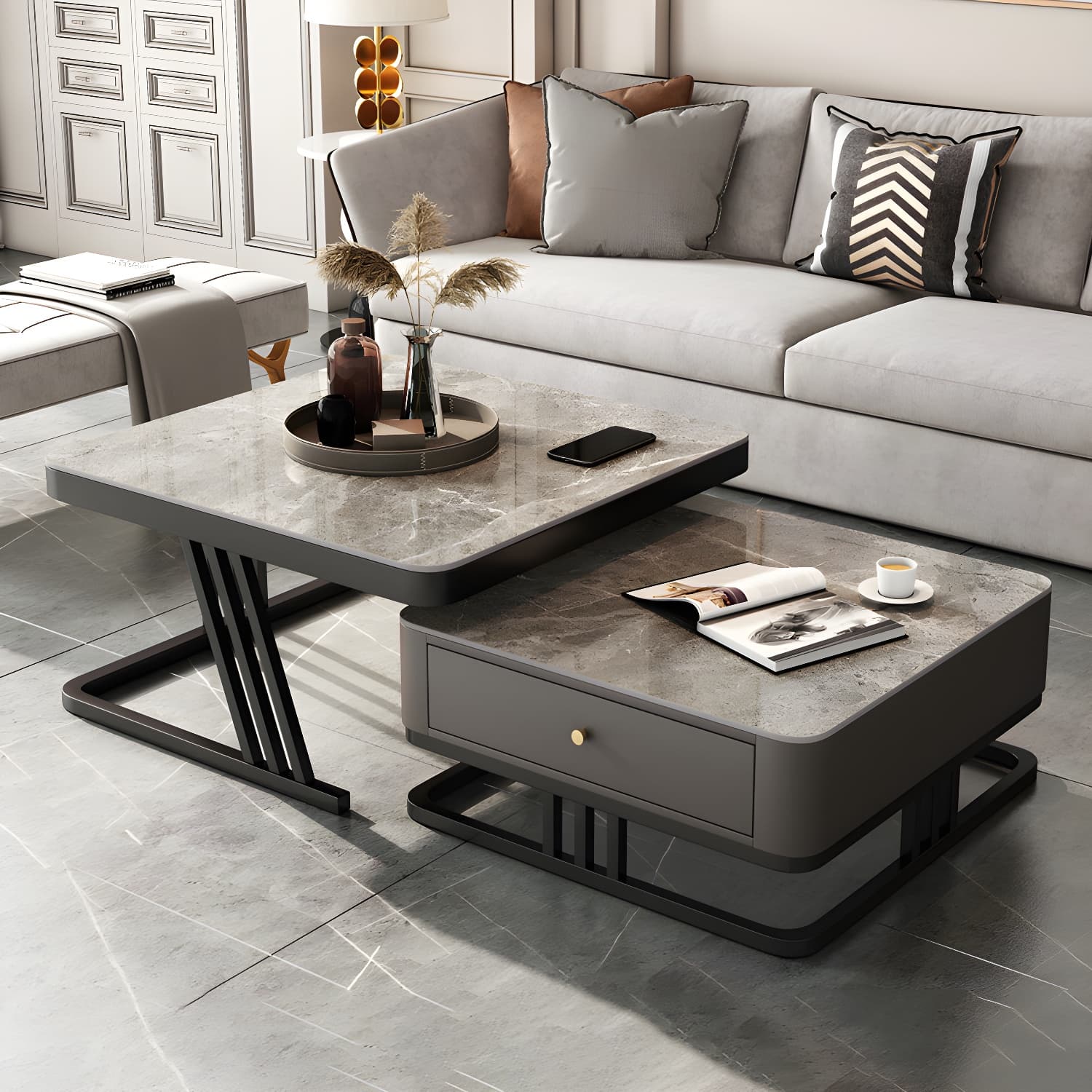 Modern Round Glass / Slate Cocktail Table Steel Frame Coffee Table with Drawer - image 6