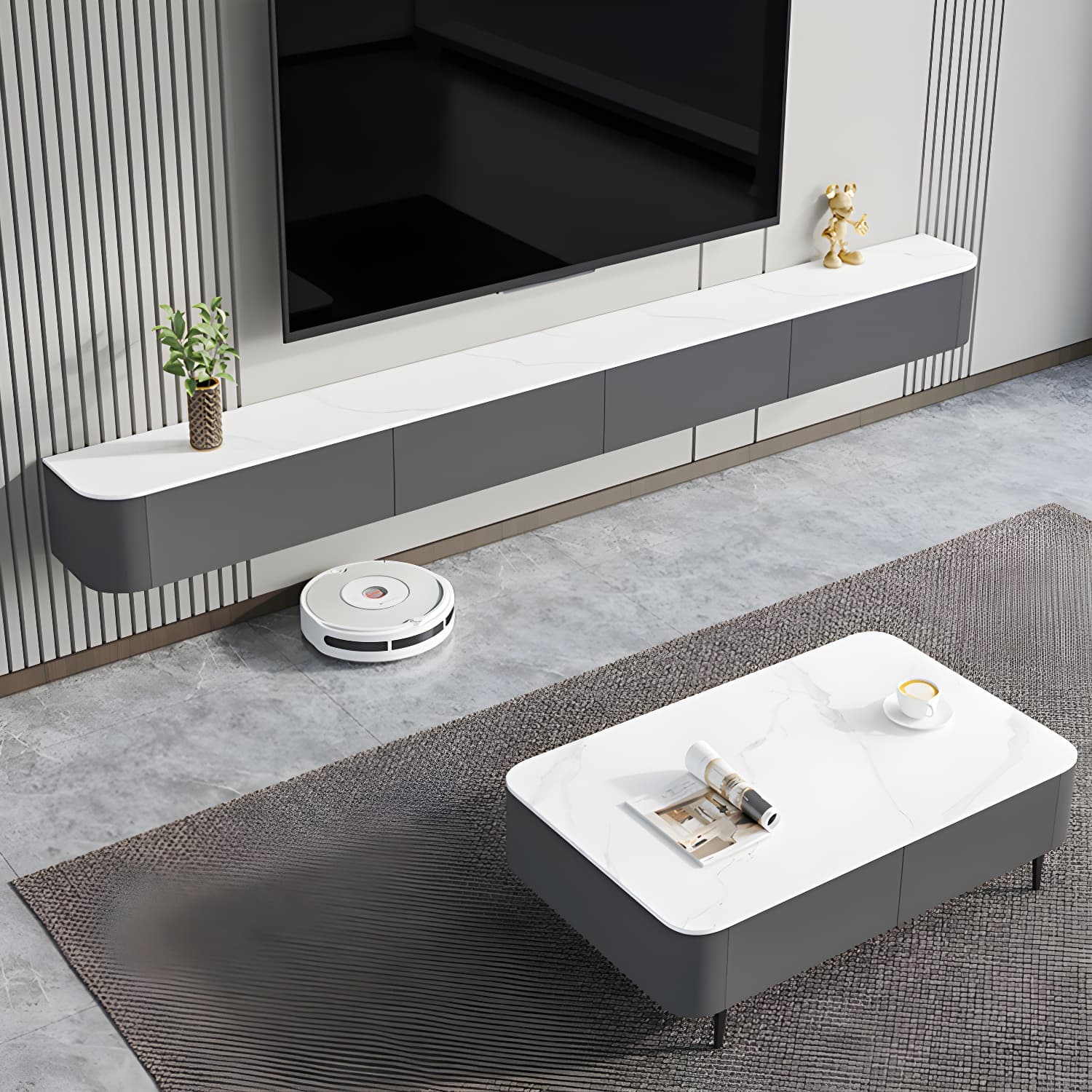 Contemporary Wall-mounted TV Media Stand Wood Frame Slate Top with Storage