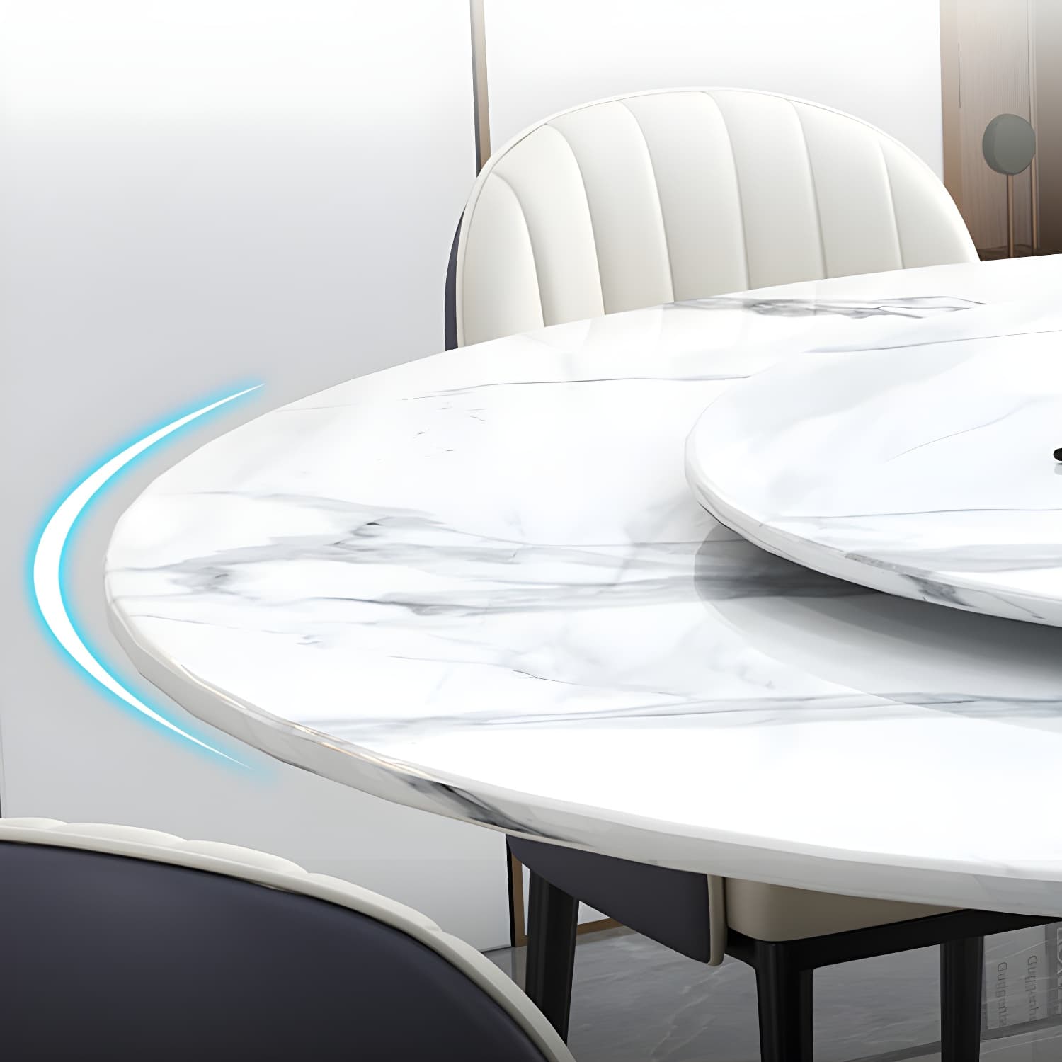 Stone Modern Round Dining Table with Black Steel Pedestal Base and Lazy Susan - image 11