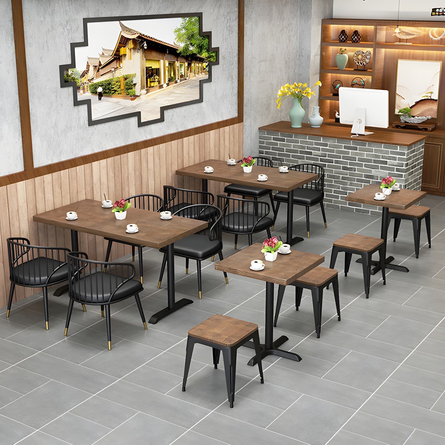 Solid Wood Dining Table Industrial Square Dining Table with Metal Base - image 3