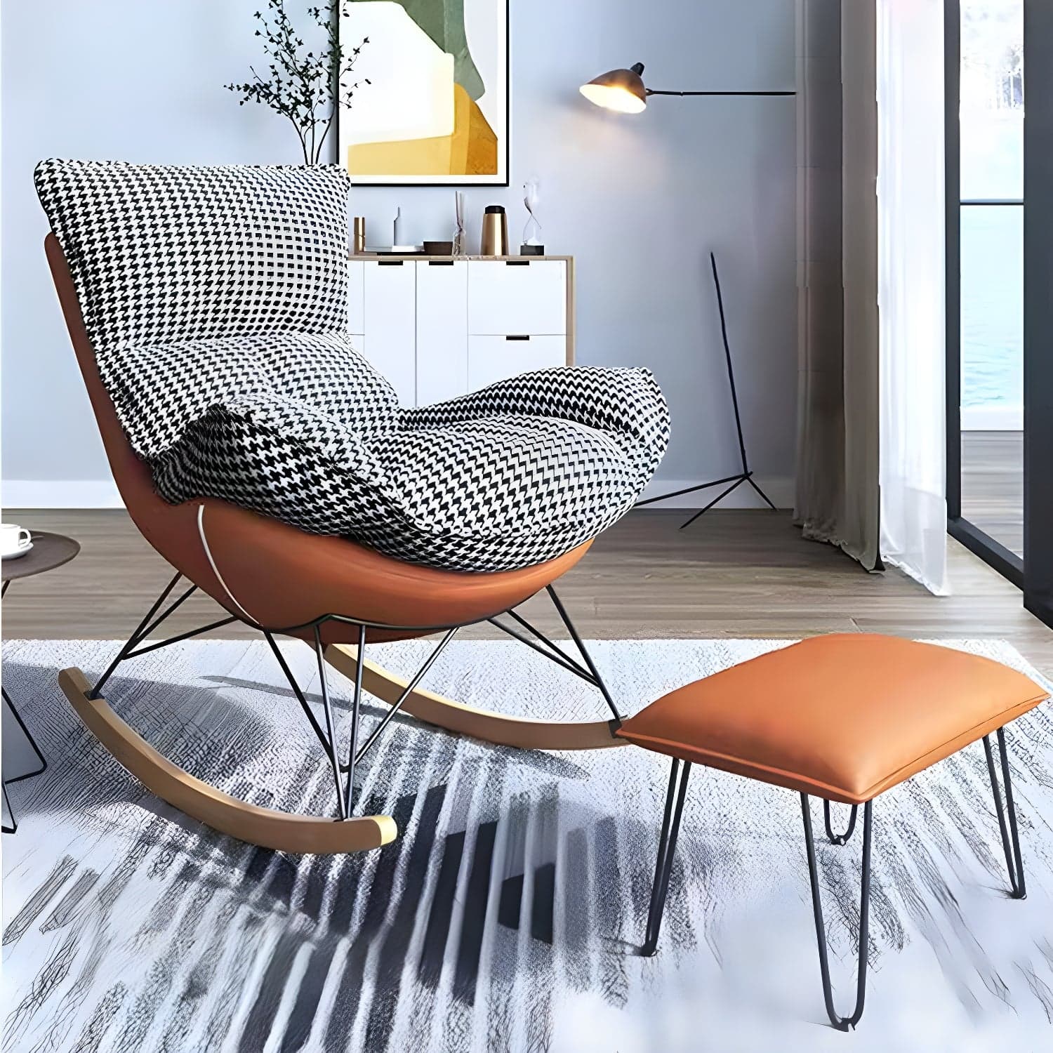 Contemporary Rocker Chair Antique Finish Rocking Chair with Ottoman - image 11