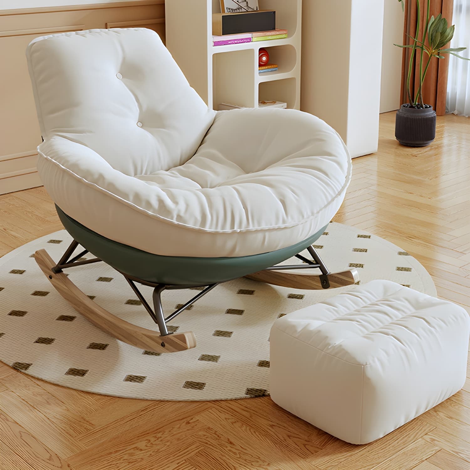 Indoor Contemporary Rocking Chair with Beige Upholstered and Wood Legs - image 12
