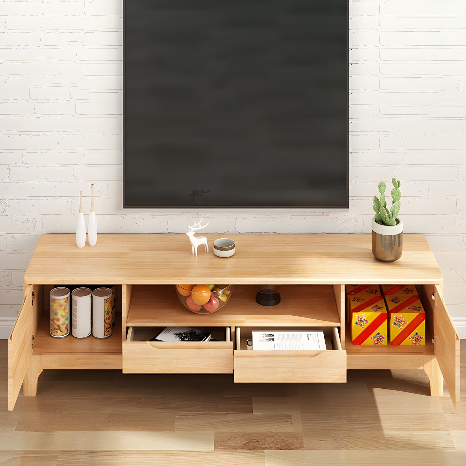 Scandinavian with Drawers Rubberwood with Cabinet TV Media Console - image 8