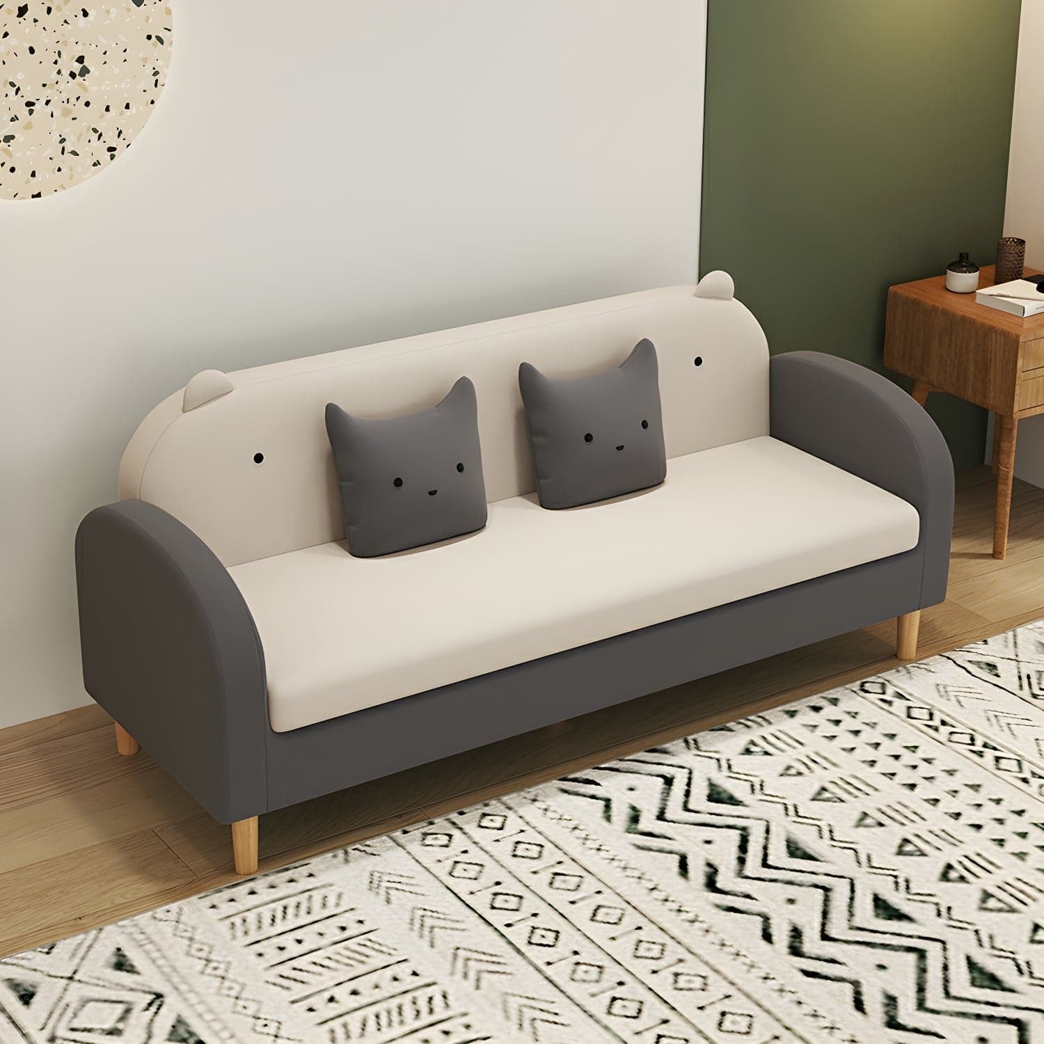 Art Deco Natural Wood Finish Framed Sofa Couch with Recessed Arm, Slipcover and 2 Pillows - image 8