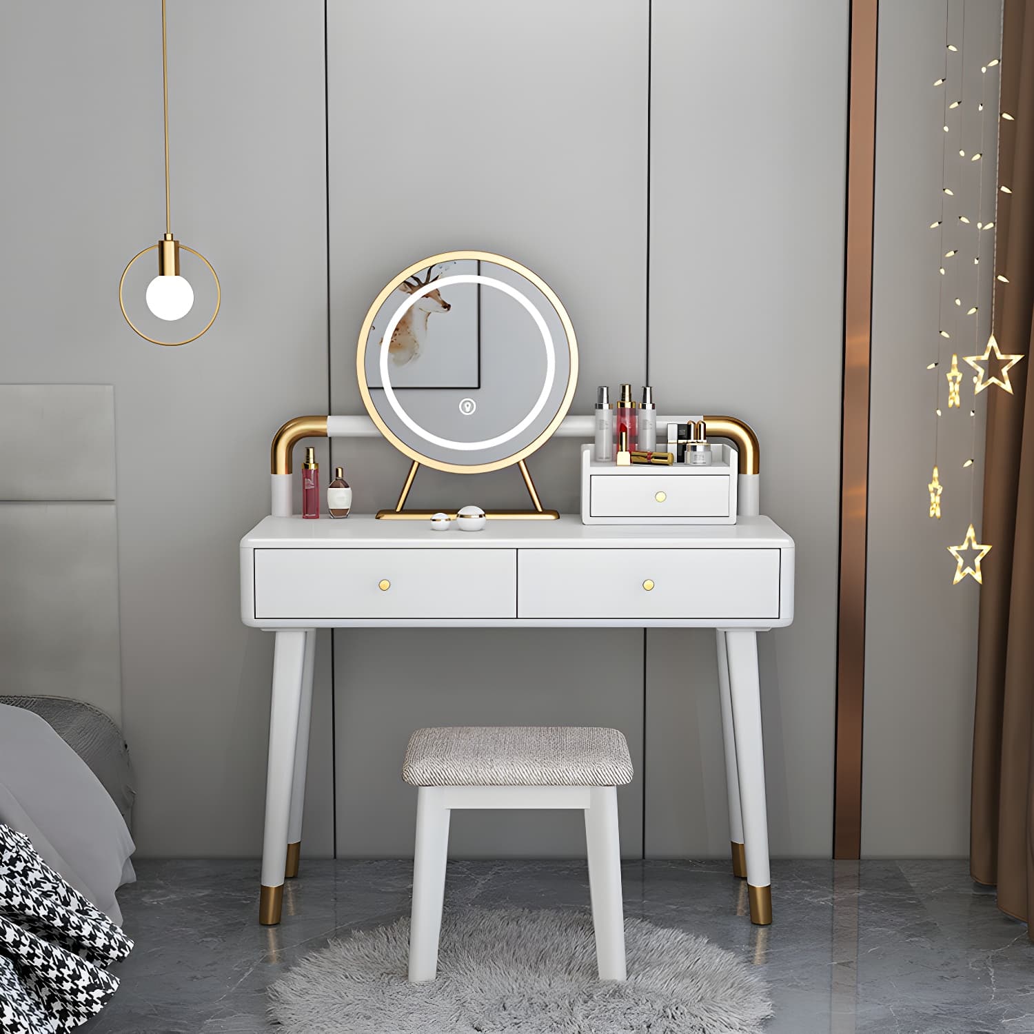 Solid Wood Make-up Vanity With Drawers and Stool for Bedroom - image 7