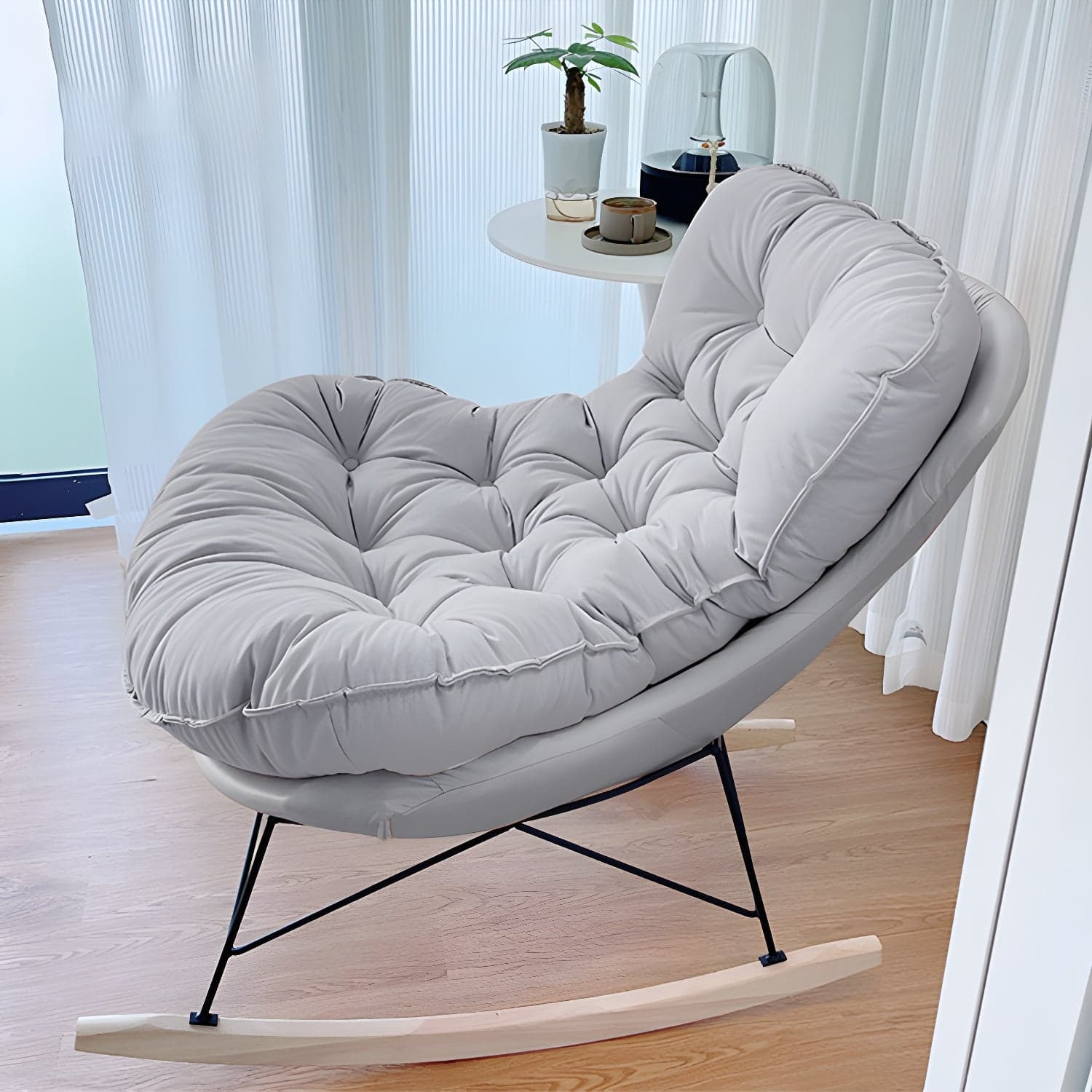Modern Upholstered Rocking Chair with Tufted Seat - Natural Wood Legs and Armless Design - image 3