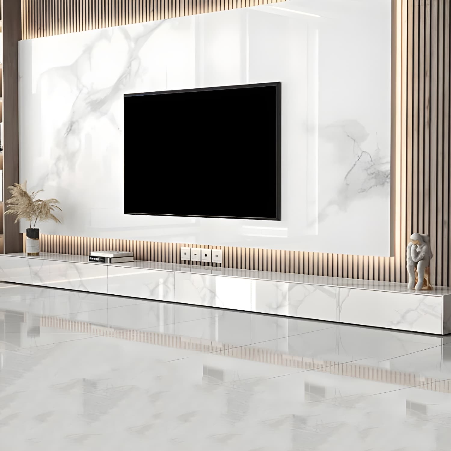 Stone TV Stand Modern TV Console with 6 Drawers Included, White - image 3
