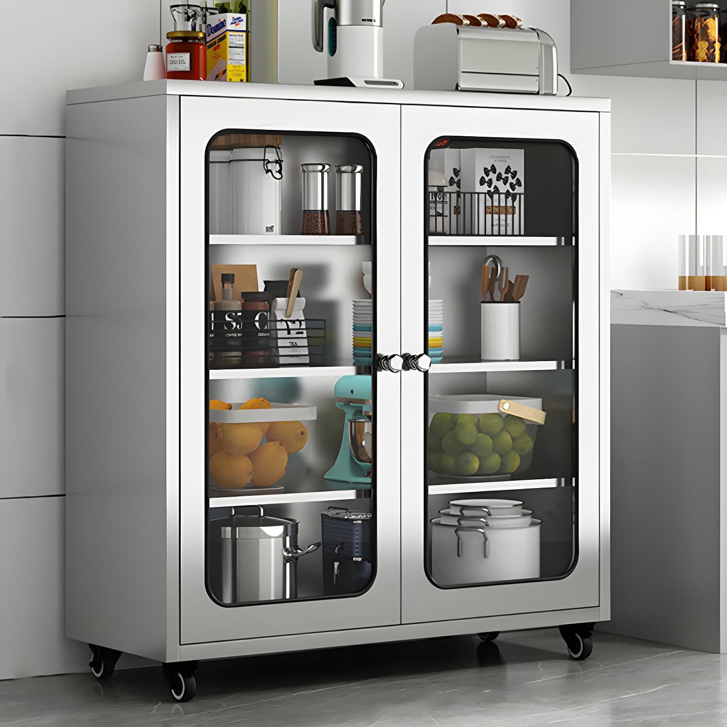 Chrome Stainless Steel Sideboard Cabinet with Cabinets, Adjustable Shelves, and Glass Doors