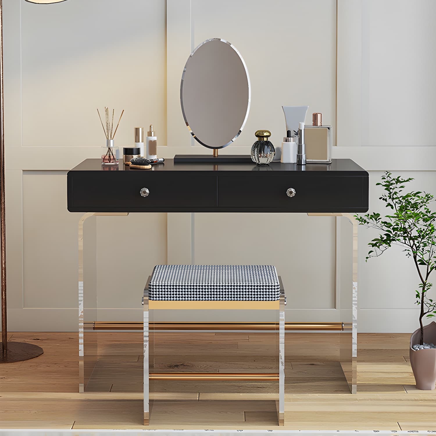 2 Drawers Clear Acrylic Makeup Table Contemporary 17.72" D Vanity Set with Stool & Mirror - image 4
