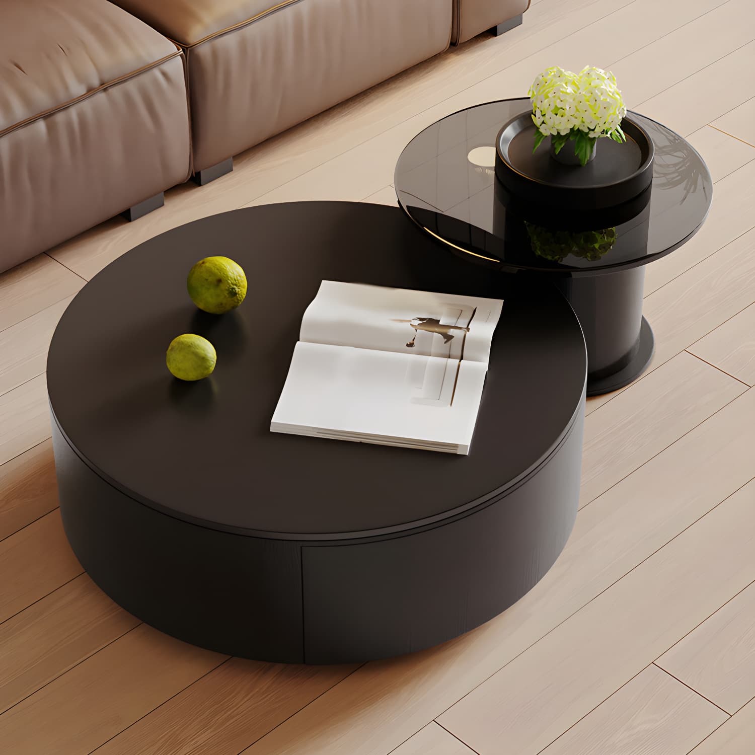 Modern Round Coffee Table with Metal Drum Base and 2 Drawers
