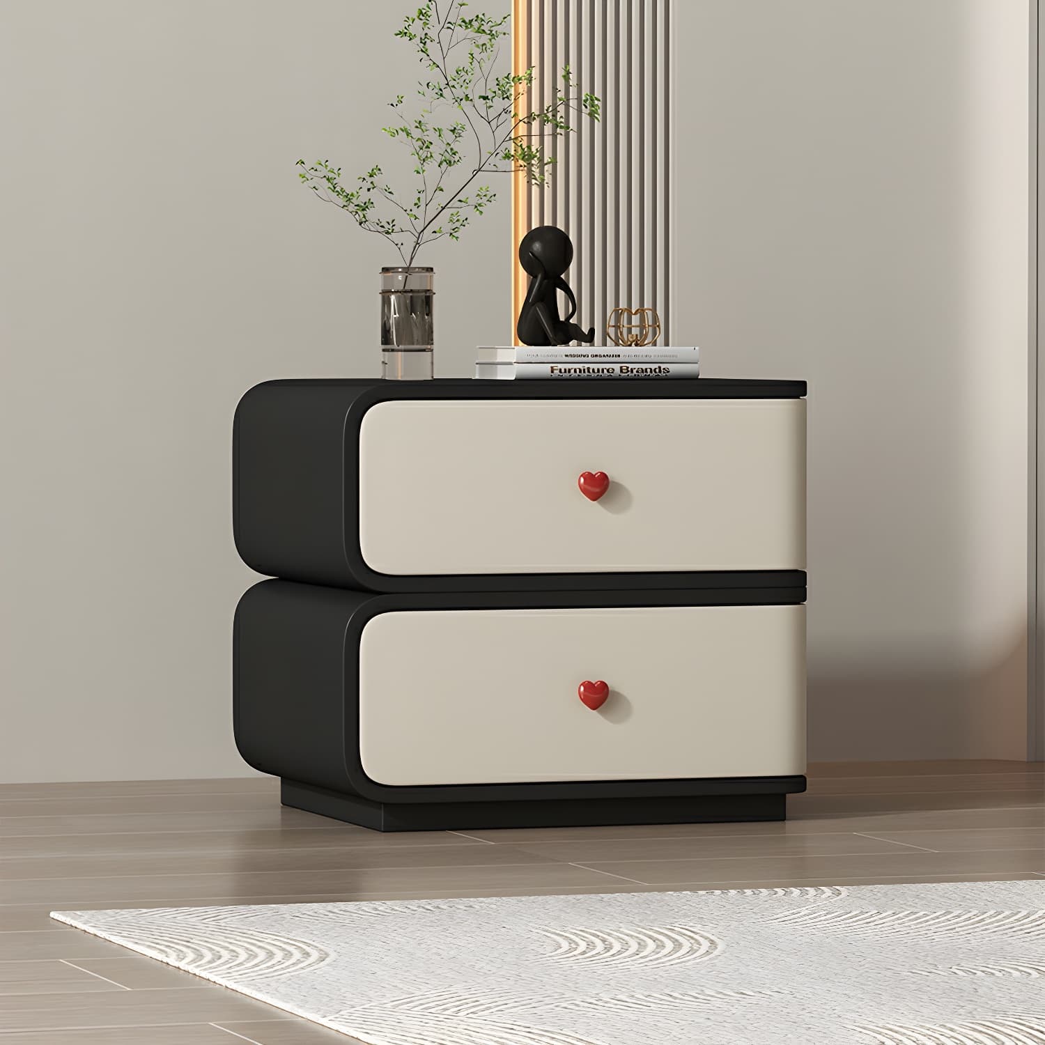 Contemporary Solid Wood Frame Nightstand with Microfiber Leather Silent Slide Two Drawers