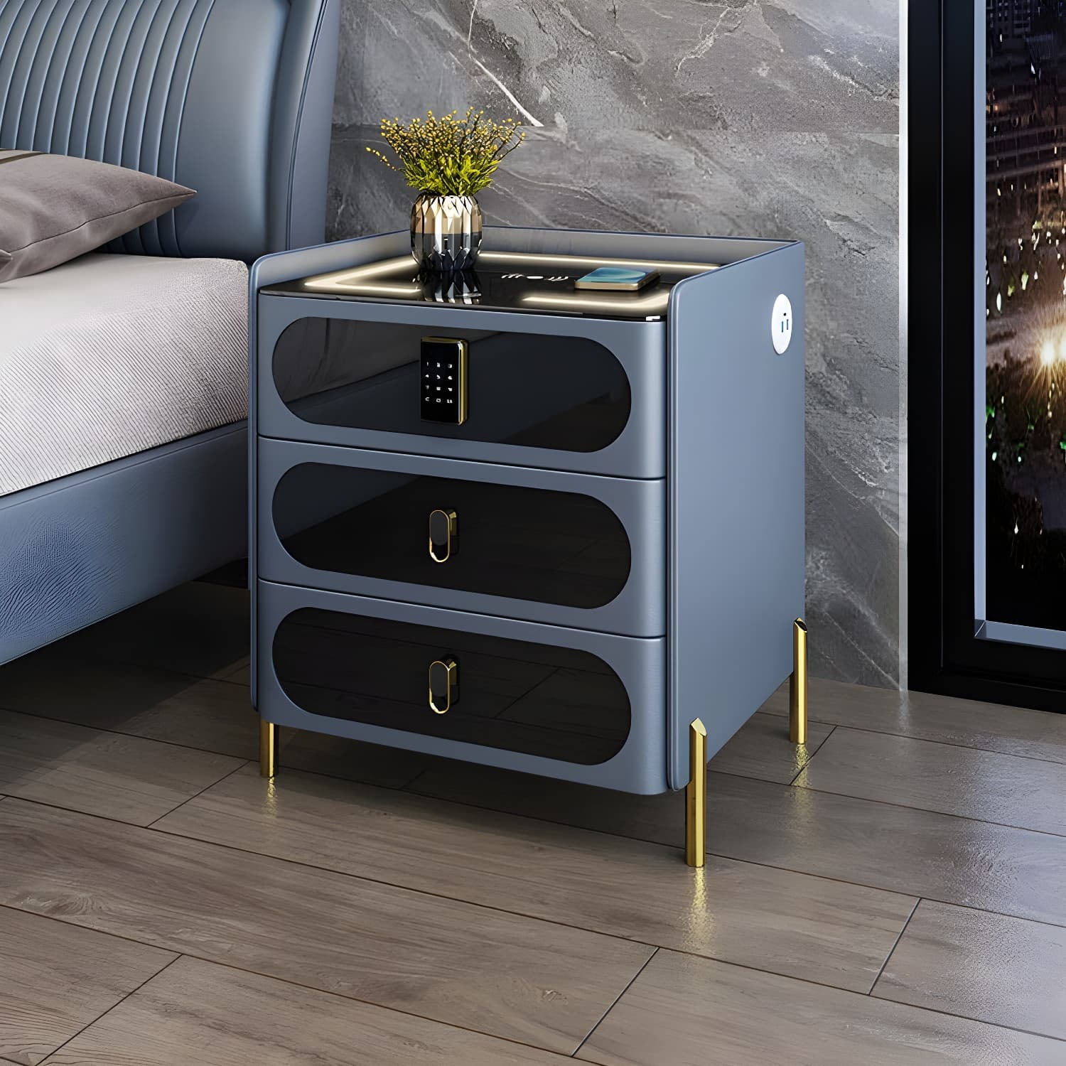 Ornate Bedside Cabinet Made from Solid Wood Shape in Rectangular for Bedroom