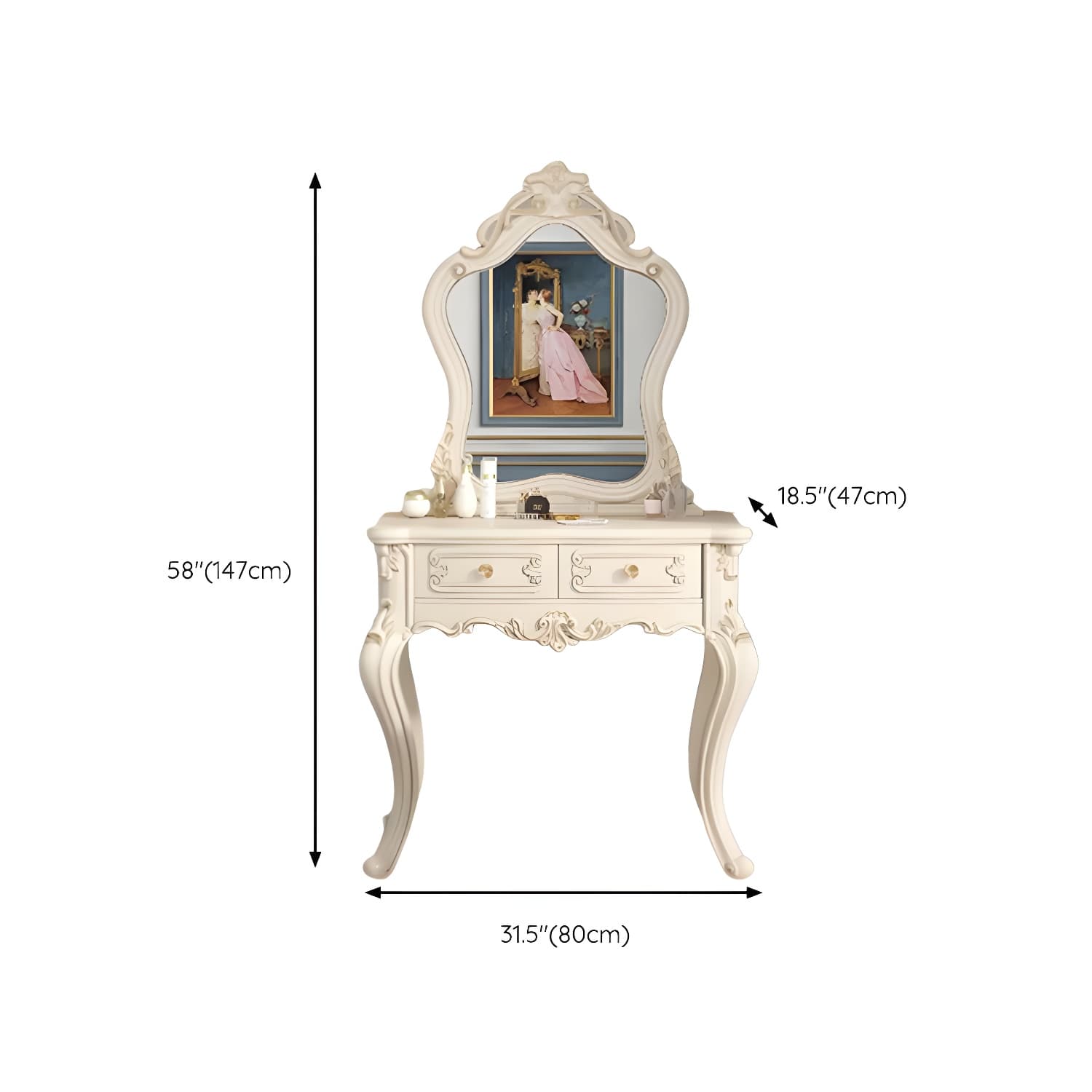 Elegant White Victorian Makeup Vanity Set with Wood Top & Mirror & Drawers & Upholstered Chair - image 16
