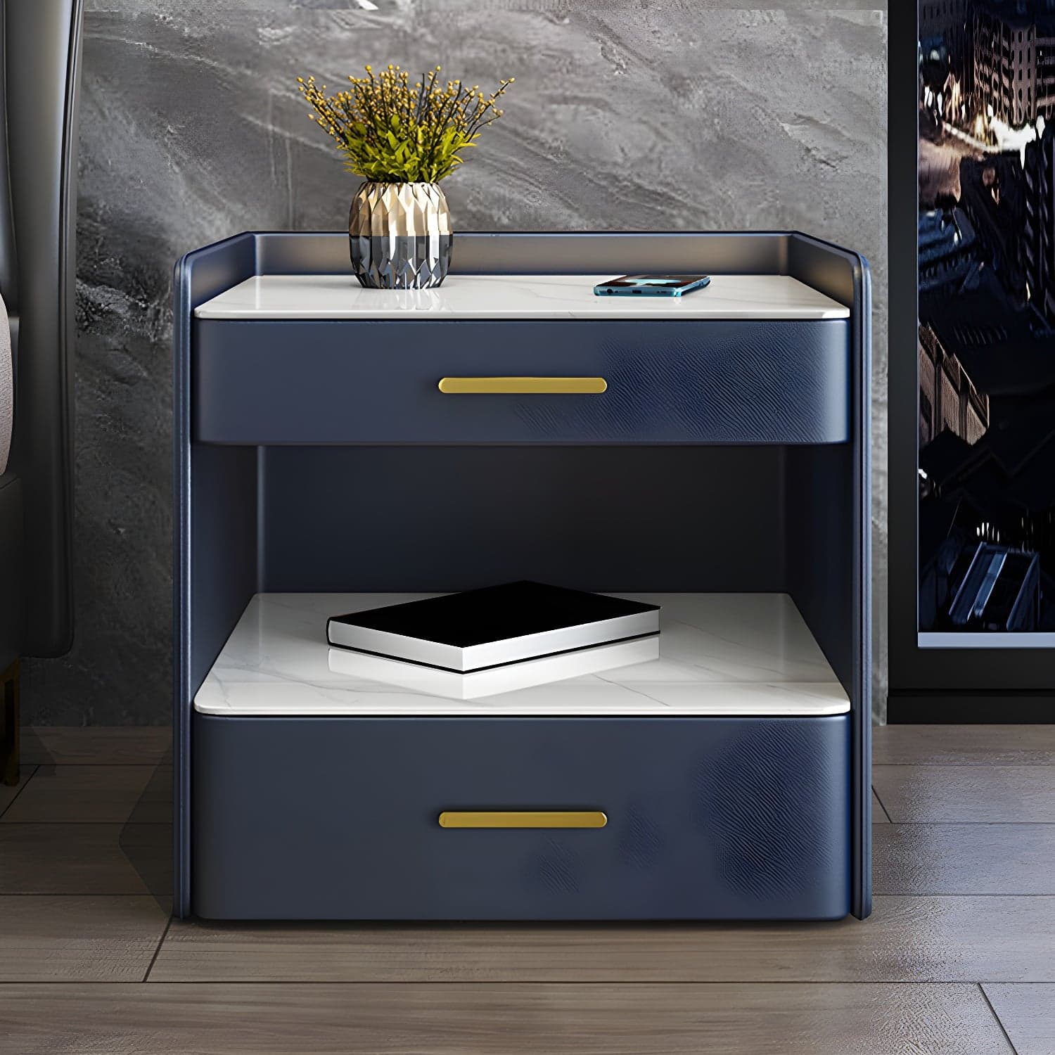 Stone Bed Nightstand Open Storage Bedside Cabinet with Drawers