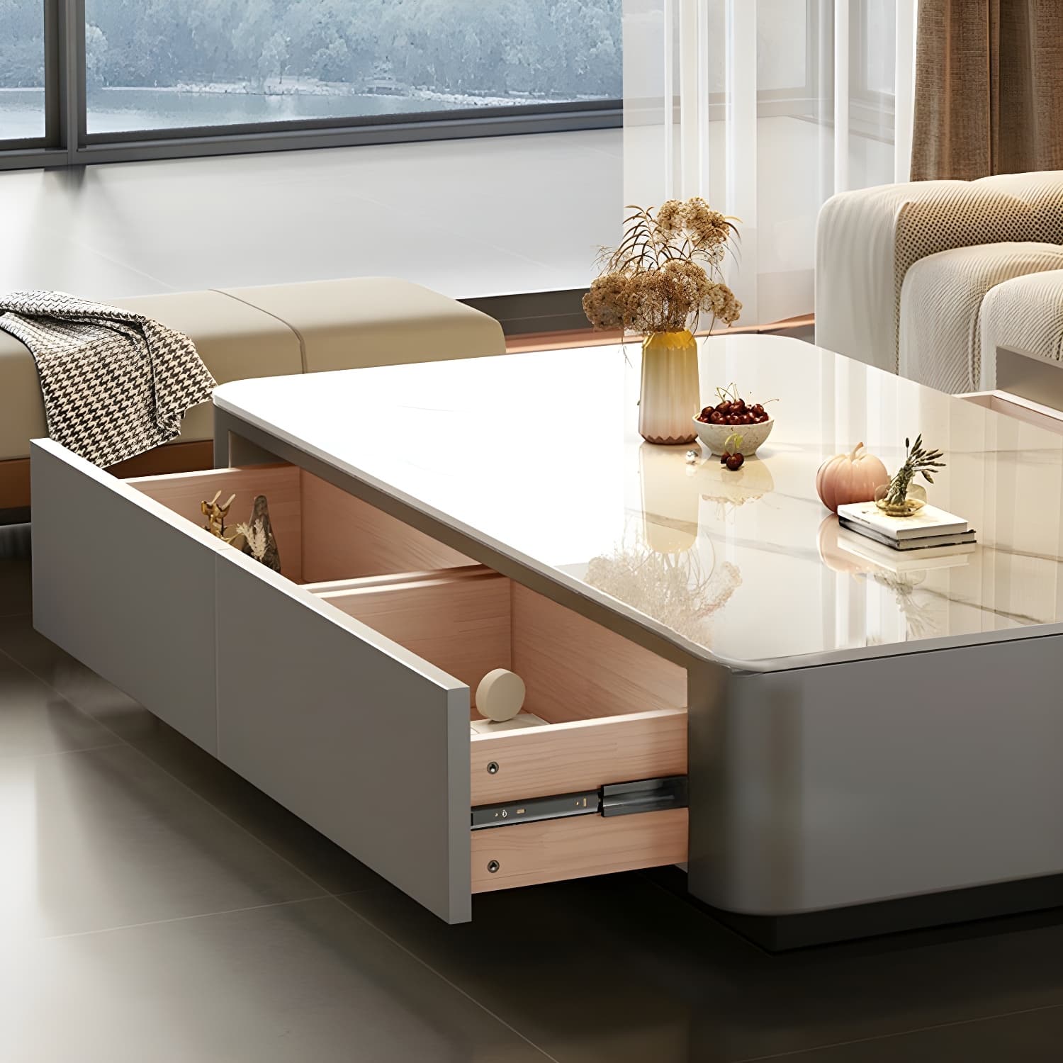Modern Style Stone Top Steel Base Block Coffee Table with 4 Drawers Rectangular Shape - image 9