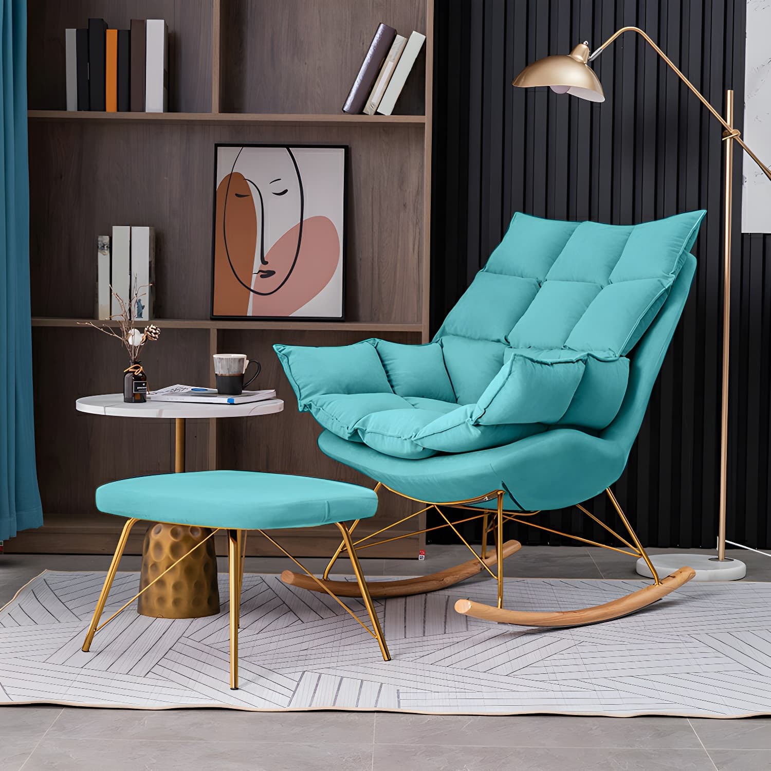 Rocking Accent Chair Upholstered Contemporary Living Room Spindle Tufted Cushions