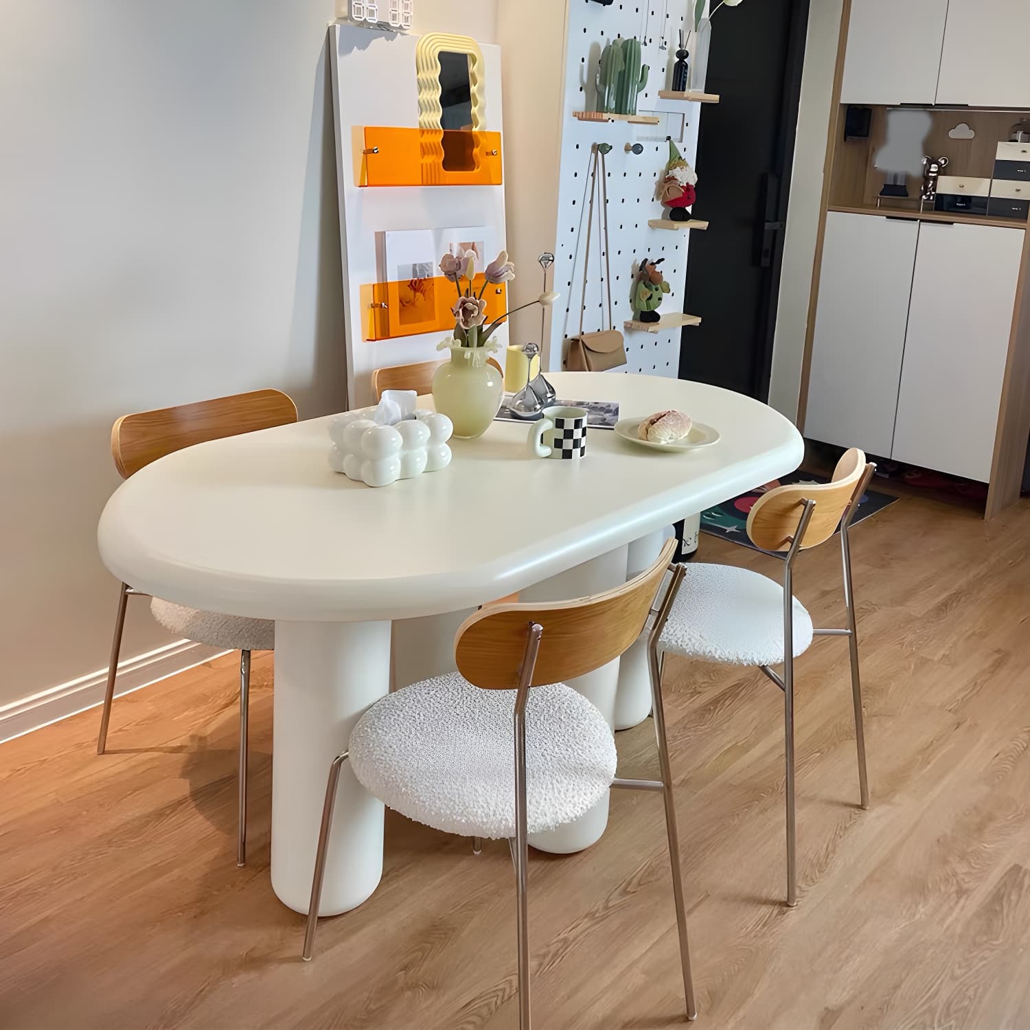Scandinavian Wooden Oval and Round Dinner Table in White for Dining Room - image 3