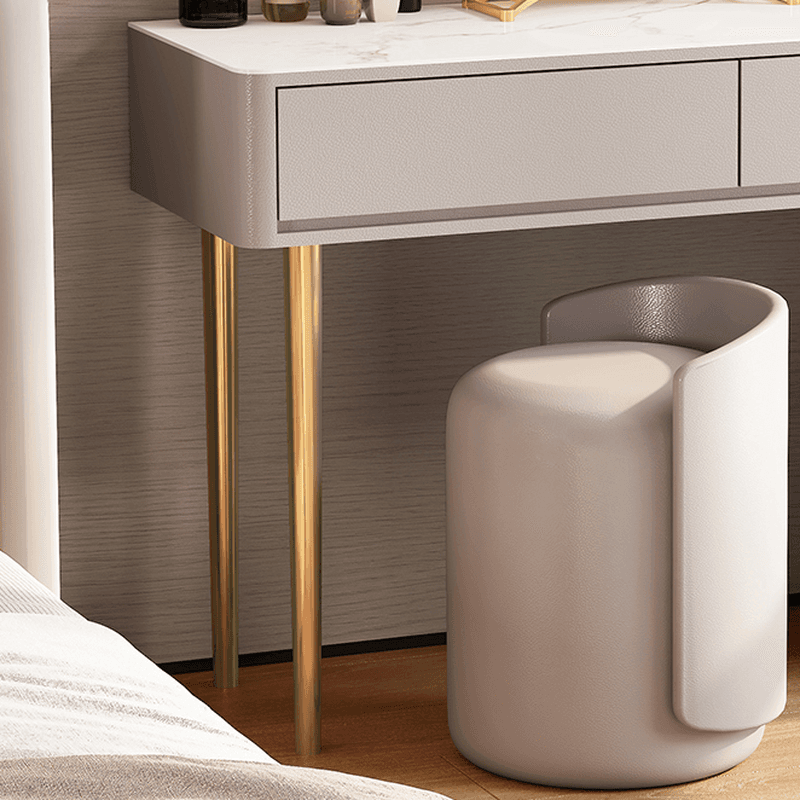 Vanity Set with Stone Table Top, Light Gray Upholstered Chair, 5 Drawers, Mirror Lights, and Push-Pull Lighting - image 10