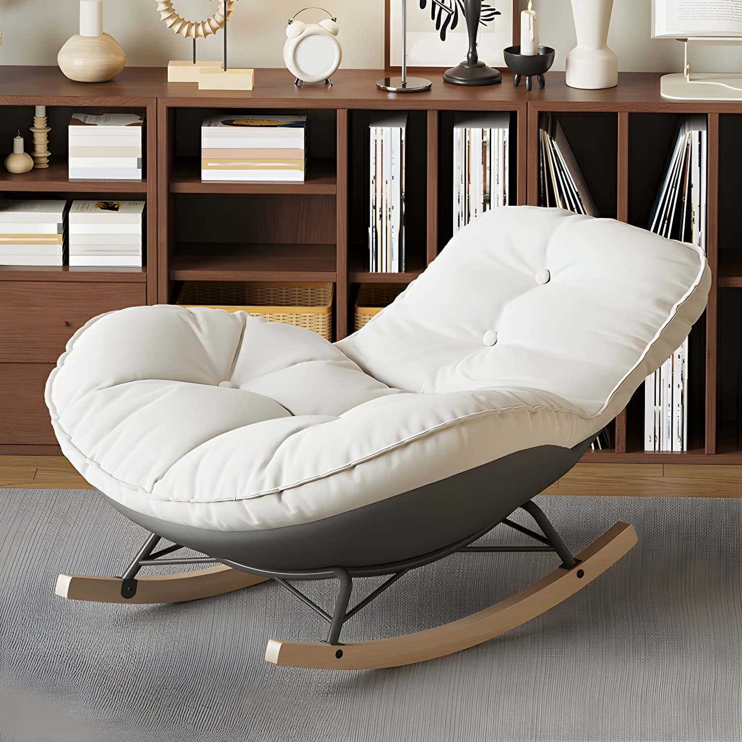 Contemporary Upholstered Rocking Chair with White Tufted Flannel Cushion and Solid Wood Legs