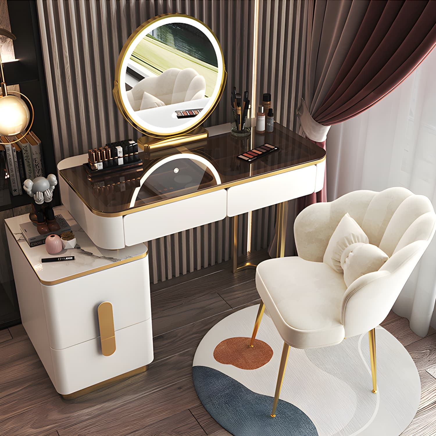 Glass Top Make-up Vanity Wood Dressing Table with Storage Drawers - image 13