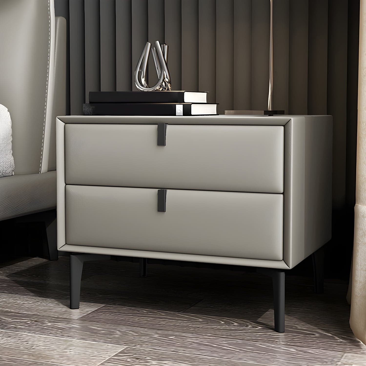 Pine Frame Two Drawers Leather Multicolor Choice of Black Table Foot Nightstand - image 6