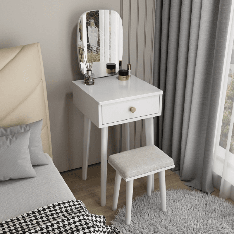 Modish Small/Standard Vanity Set with White/Auburn/Natural Color Chair, 1 Drawer/2 Drawers, Rubberwood Frame, and Standing Mirror - image 3