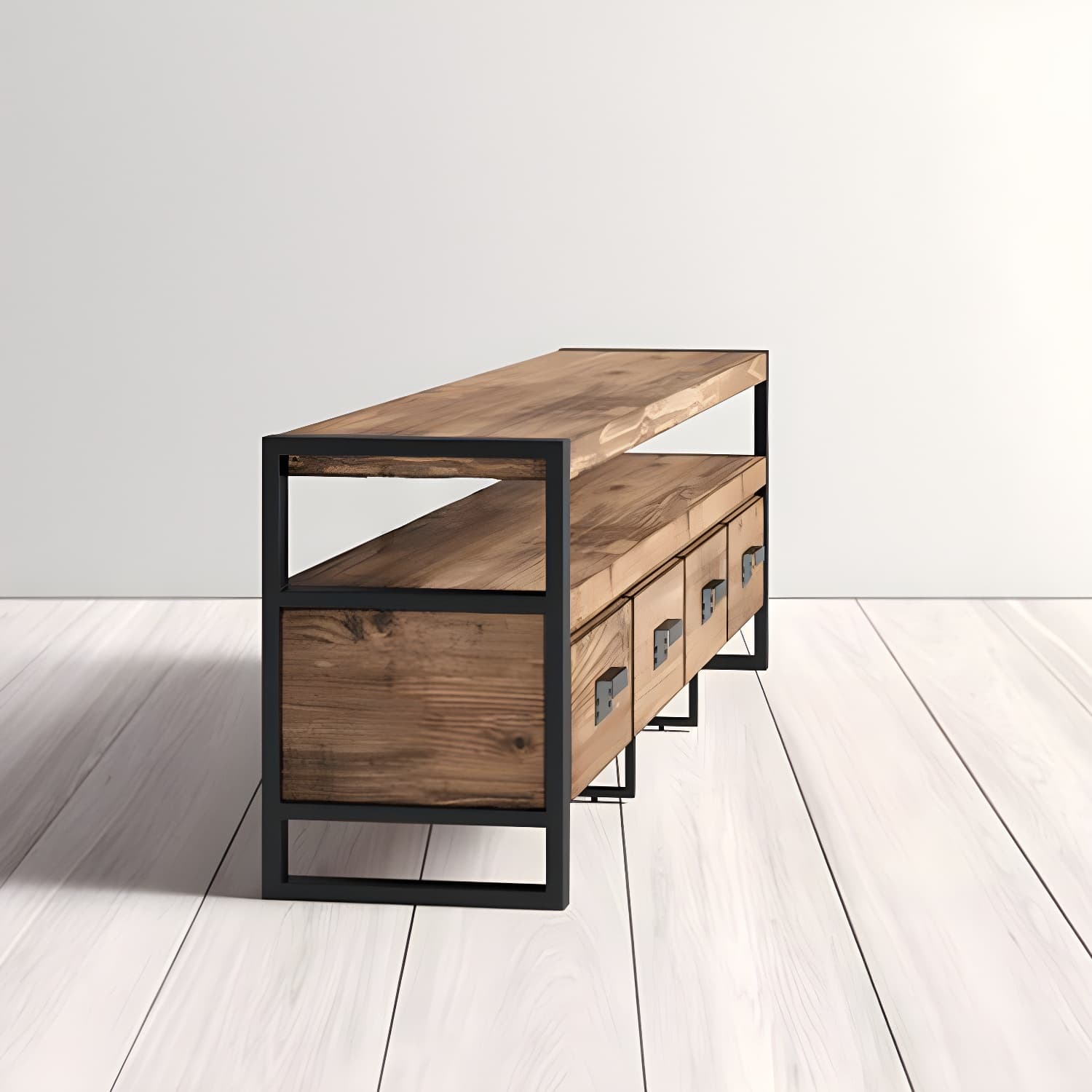 Brown Media Console with Shelves Industrial Pine Wood Top TV Media Stand - image 9