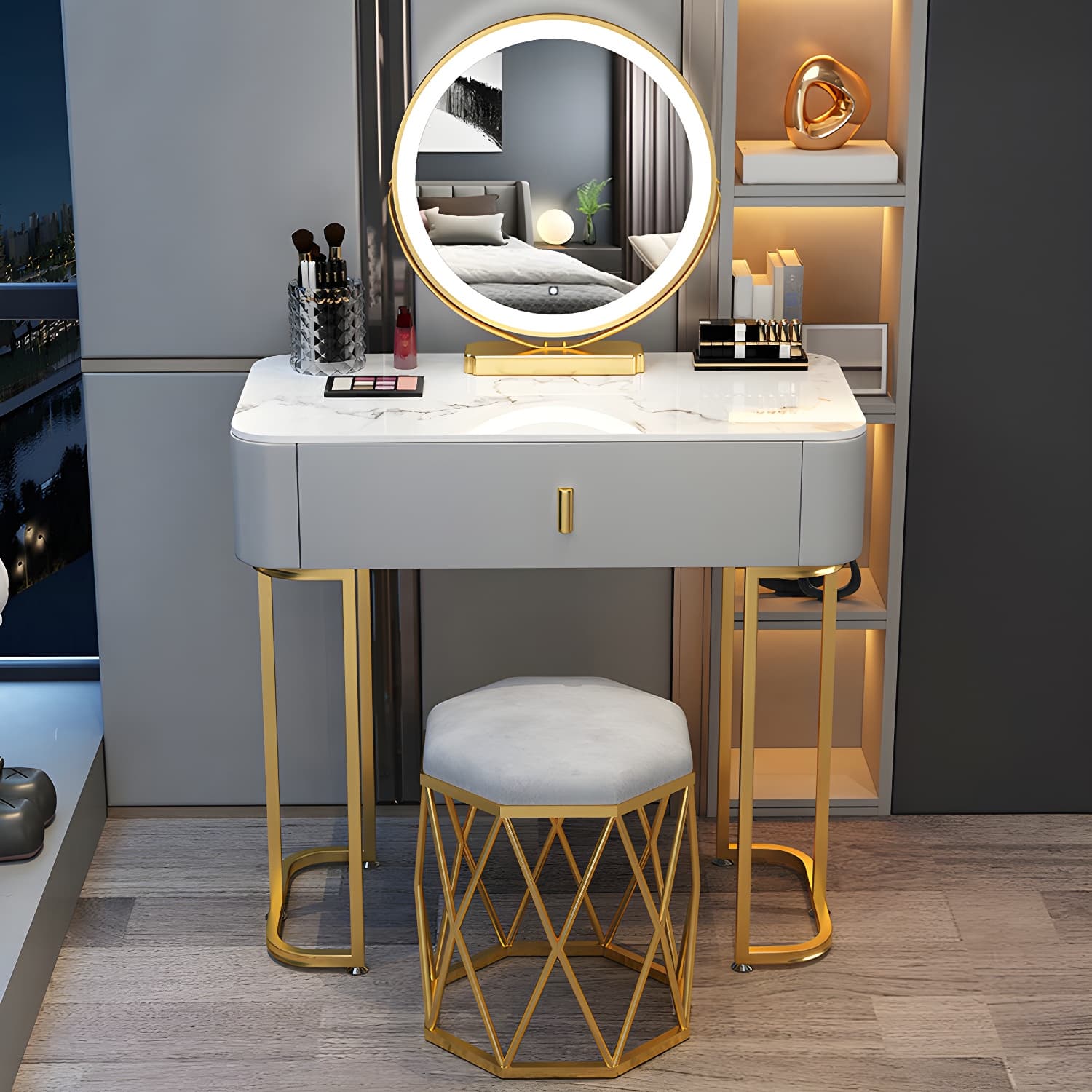 Slate Makeup Counter Adjustable Mirror Vanity Dressing Table with Drawer