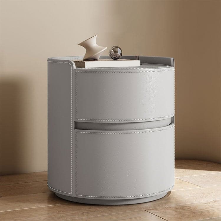 Chic Modern Round Nightstand with Light Wood Tone Faux Leather and Numerate Two Drawer Storage - image 6